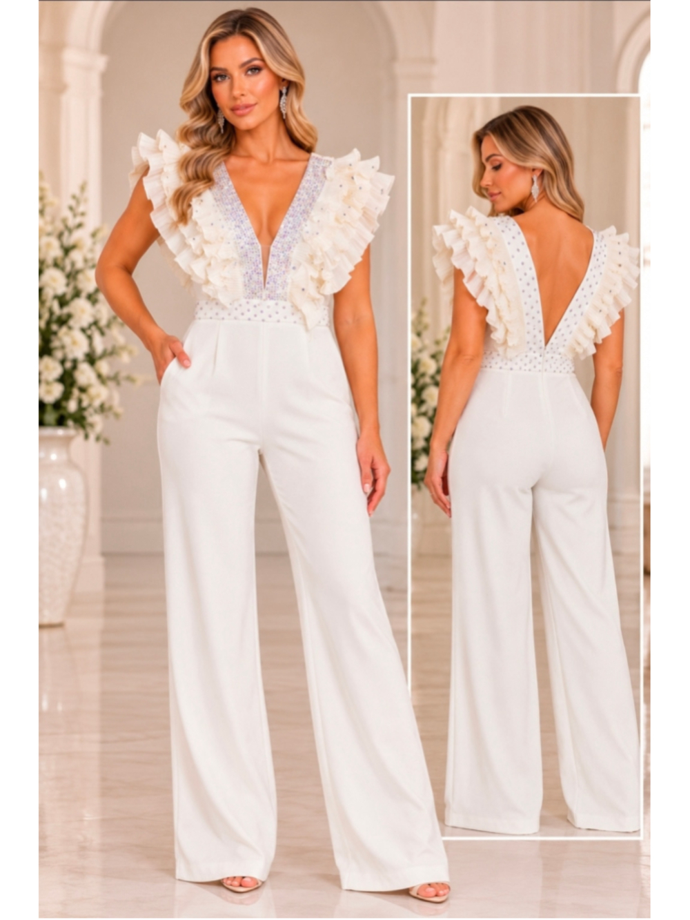 Ever After Cream Rhinestone Ruffle Jumpsuit Pageant Bridal Wedding Formal M